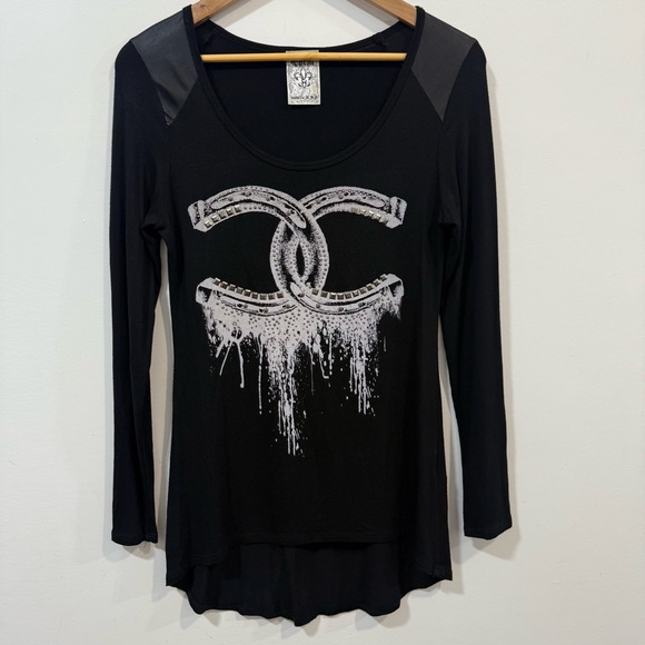 Vocal Made In USA Black Western Long Sleeve Horseshoe Print Fall Top Size M - Picture 1 of 6